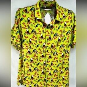Hawaiian Toucan bird Lime‎ Green/yellow Button Down Mens Large shirt NWT